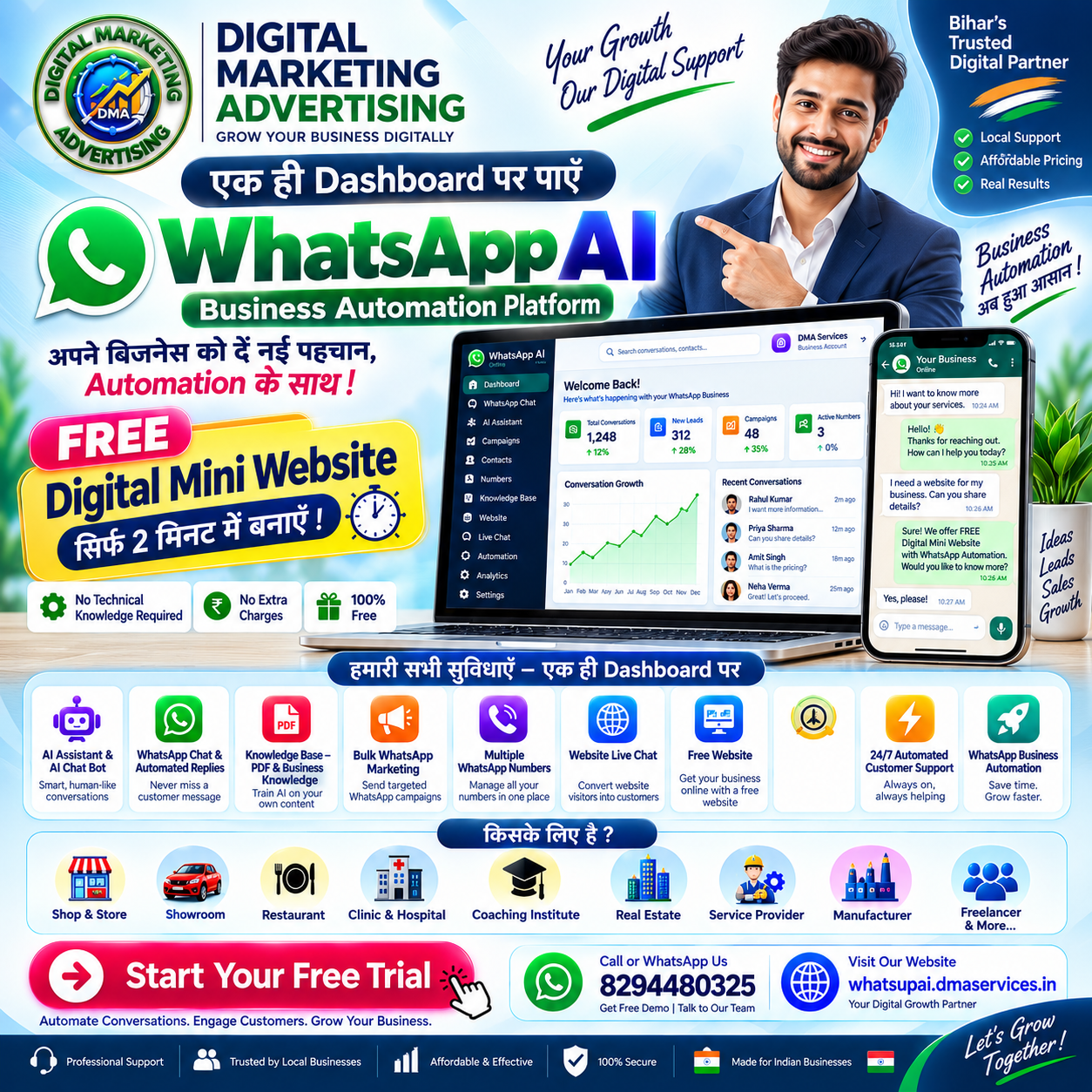 ग्राहक कभी भी सवाल पूछ सकते हैं! WhatsApp AI Automation के साथ अपने बिजनेस के लिए 24x7 ऑटोमैटिक रिप्लाई और चैटबॉट सेटअप करें। बिना किसी मैन्युअल प्रयास के ग्राहकों की पूछताछ का तुरंत जवाब दे